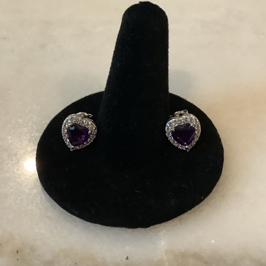 Purple Heart Crystal Halo Sterling Silver Stud Earrings, Brand New